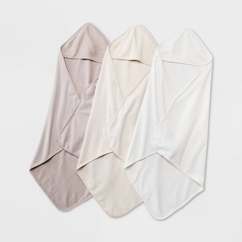 slide 1 of 2, Baby 3pk Muslin Hooded Towel - Cloud Island™ Khaki: Extra Lightweight Cotton Blend, Machine Washable, 30"x30", 3 ct