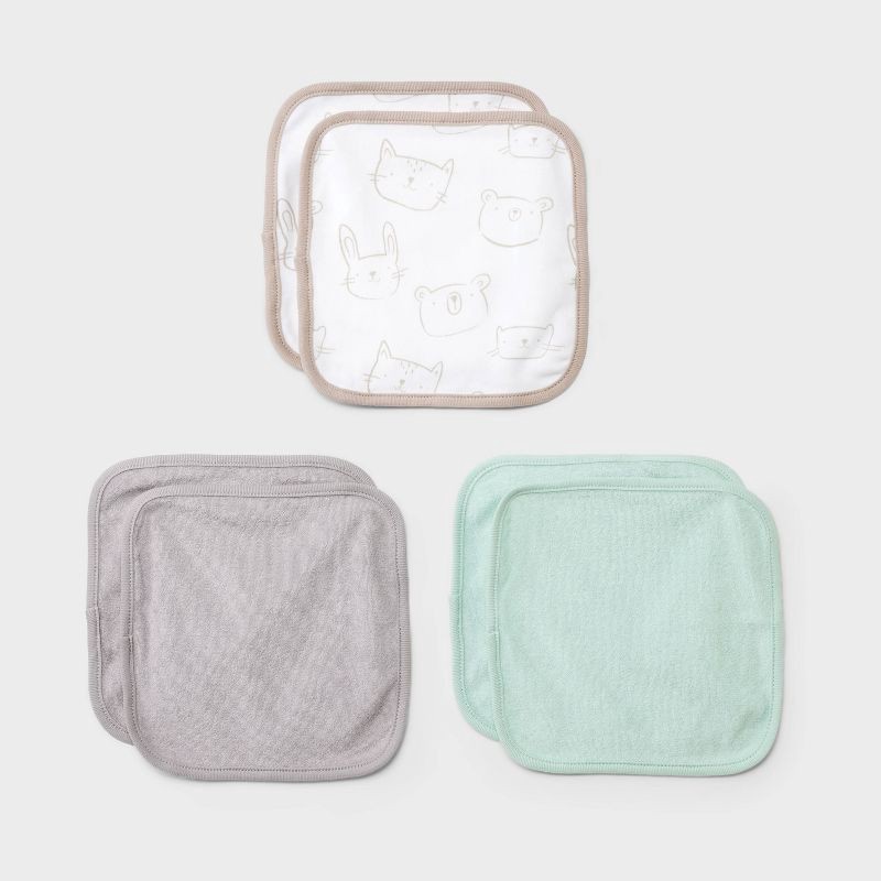 slide 1 of 2, Baby 6pk Washcloth Set - Cloud Island™ Gray: Extra Lightweight Cotton-Polyester Blend, Animal Icon Pattern, Machine Washable, 6 ct