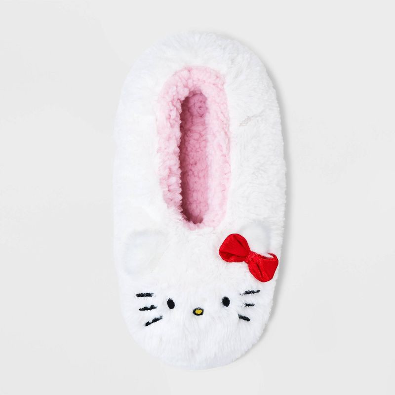 slide 3 of 4, Women's Faux plush Hello Kitty Slipper Socks with Grippers - White S/M: Cushioned Footbed, Machine Washable, 1 ct