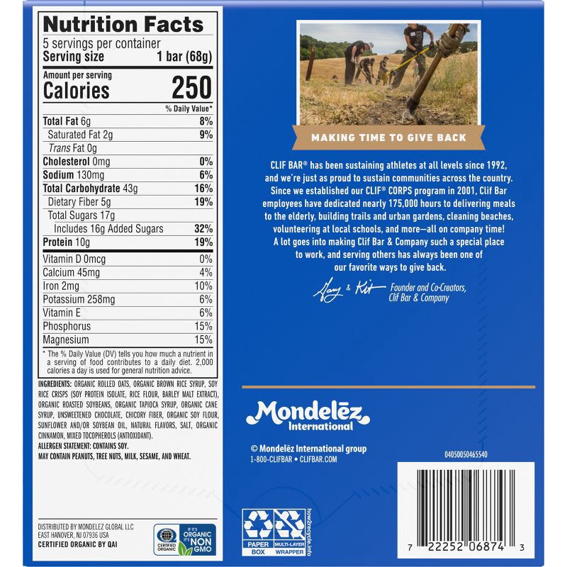 slide 14 of 14, CLIF Bar Chocolate Chip Granola Plant-Based Soy Protein Bar Made with Organic Oats - 10g Protein - 12oz/5ct, 10 gram, 12 oz, 5 ct