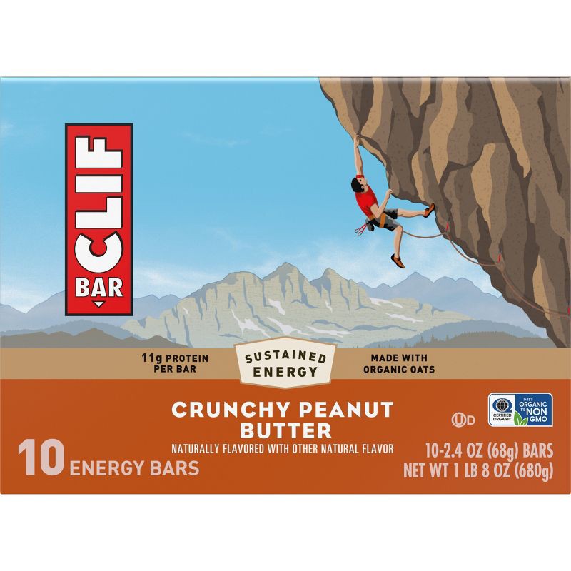 slide 2 of 17, CLIF Bar Crunchy Peanut Butter Granola Plant-Based Soy Protein Bar Made with Organic Oats - 11g Protein - 24oz/10ct, 11 gram, 24 oz, 10 ct
