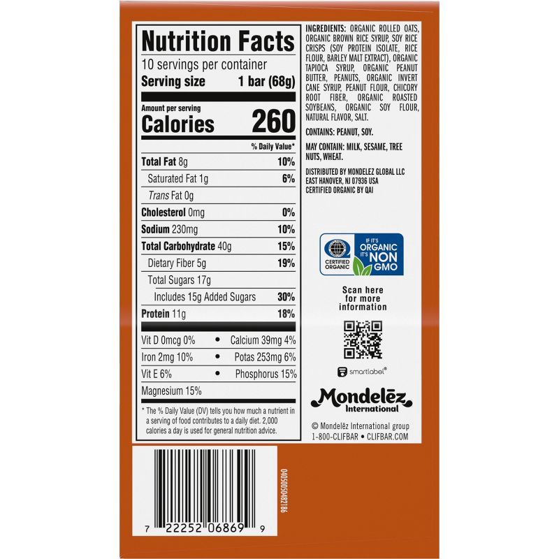 slide 12 of 17, CLIF Bar Crunchy Peanut Butter Granola Plant-Based Soy Protein Bar Made with Organic Oats - 11g Protein - 24oz/10ct, 11 gram, 24 oz, 10 ct