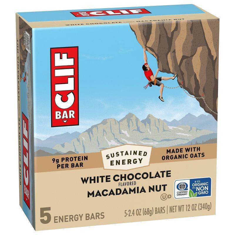 slide 8 of 14, CLIF Bar White Chocolate Macadamia Nut Granola Plant-Based Soy Protein Bar Made with Organic Oats - 9g Protein - 12oz/5ct, 9 gram, 12 oz, 5 ct