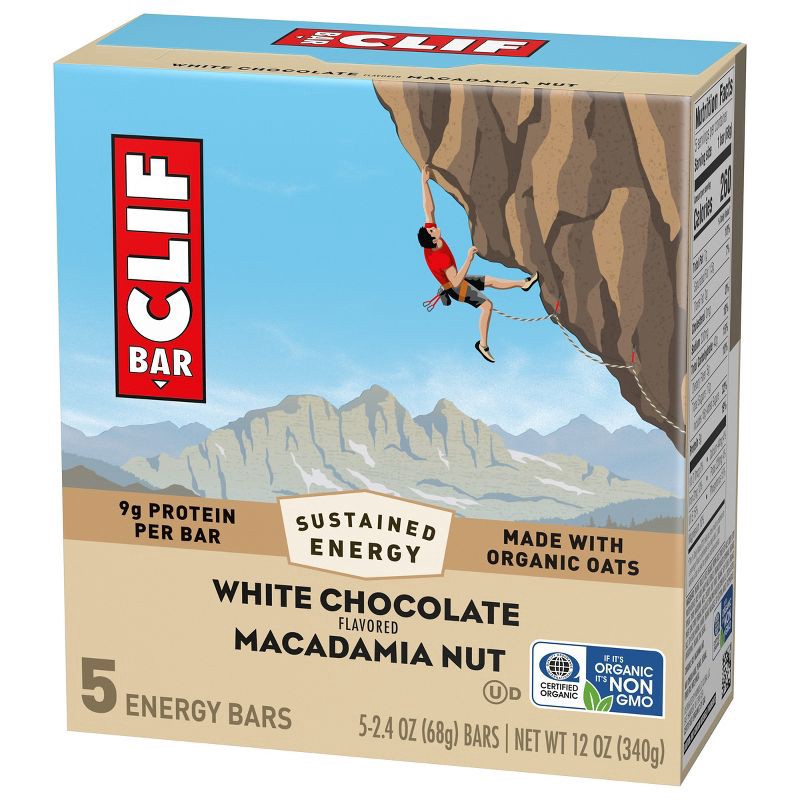 slide 9 of 14, CLIF Bar White Chocolate Macadamia Nut Granola Plant-Based Soy Protein Bar Made with Organic Oats - 9g Protein - 12oz/5ct, 9 gram, 12 oz, 5 ct