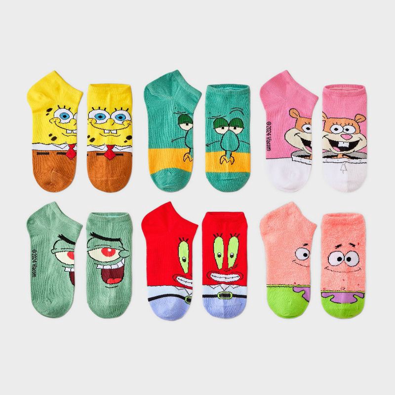 slide 1 of 3, Women's Nickelodeon SpongeBob SquarePants 6pk Low Cut Socks - Assorted Colors 4-10: Polyester & Spandex Knit, Machine Washable, 6 ct