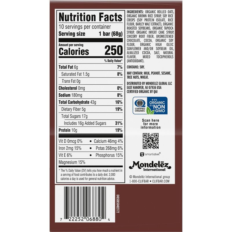 slide 11 of 15, CLIF Bar Chocolate Brownie Granola Plant-Based Soy Protein Bar Made with Organic Oats - 10g Protein - 24oz/10ct, 10 gram, 24 oz, 10 ct