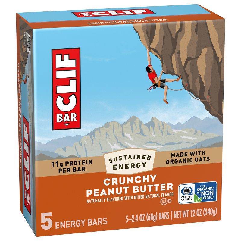 slide 9 of 15, CLIF Bar Crunchy Peanut Butter Granola Plant-Based Soy Protein Bar Made with Organic Oats - 11g Protein - 12oz/5ct, 11 gram, 12 oz, 5 ct