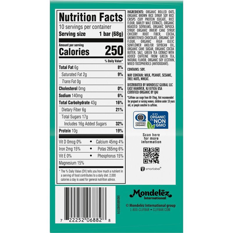 slide 11 of 15, CLIF Bar Cool Mint Chocolate Granola Plant-Based Soy Protein Bar Made with Organic Oats - 10g Protein - 24oz/10ct, 10 gram, 24 oz, 10 ct