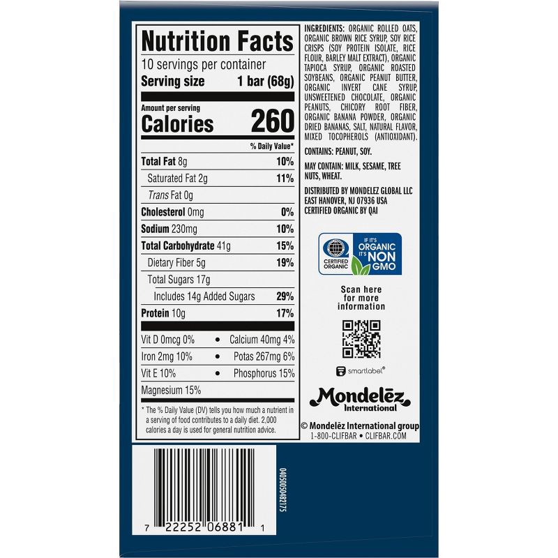 slide 11 of 14, CLIF Bar Peanut Butter Banana with Dark Chocolate Granola Plant-Based Soy Protein Bar Made with Organic Oats - 10g Protein - 24oz/10ct, 10 gram, 24 oz, 10 ct