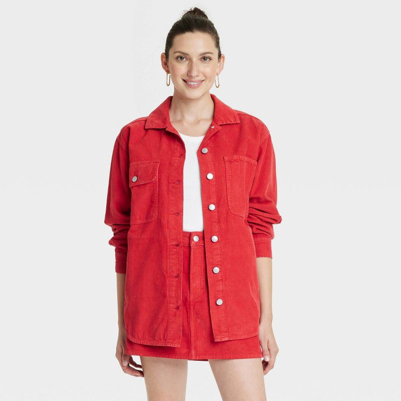 slide 1 of 3, Women's Long Sleeve Corduroy Shacket - Universal Thread™ Red XL, 1 ct
