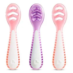 Munchkin Gentle Dip Self-Feeding Spoons - Coral/Purple - 3pk: Silicone Baby Tableware