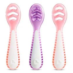 Munchkin Gentle Dip Self-Feeding Spoons - Coral/Purple - 3pk: Silicone Baby Tableware