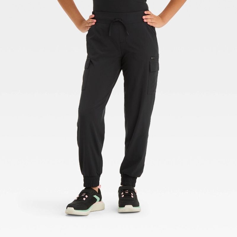 slide 1 of 3, Girls' Woven Cargo Jogger Pants - All In Motion™ Black M: Midweight, Moisture Wicking, Quick Drying, 1 ct