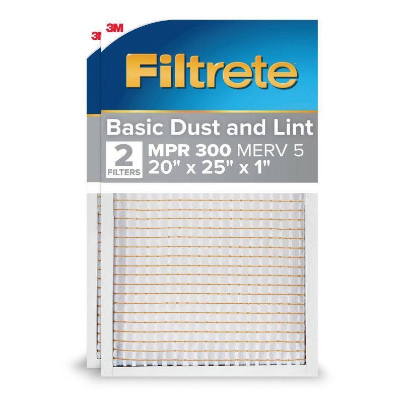 slide 1 of 8, Filtrete 2pk Basic Dust and Lint 300 20X25: Electrostatic Air Control Filters for Home Furnaces, MERV 5, 20x25x1, 2 ct