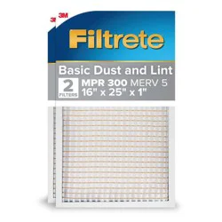 Filtrete 2pk Basic Dust and Lint 300 16X25: Electrostatic Furnace Filter, MERV 5, Captures Dust & Lint, 16x25x1, 2 Pack