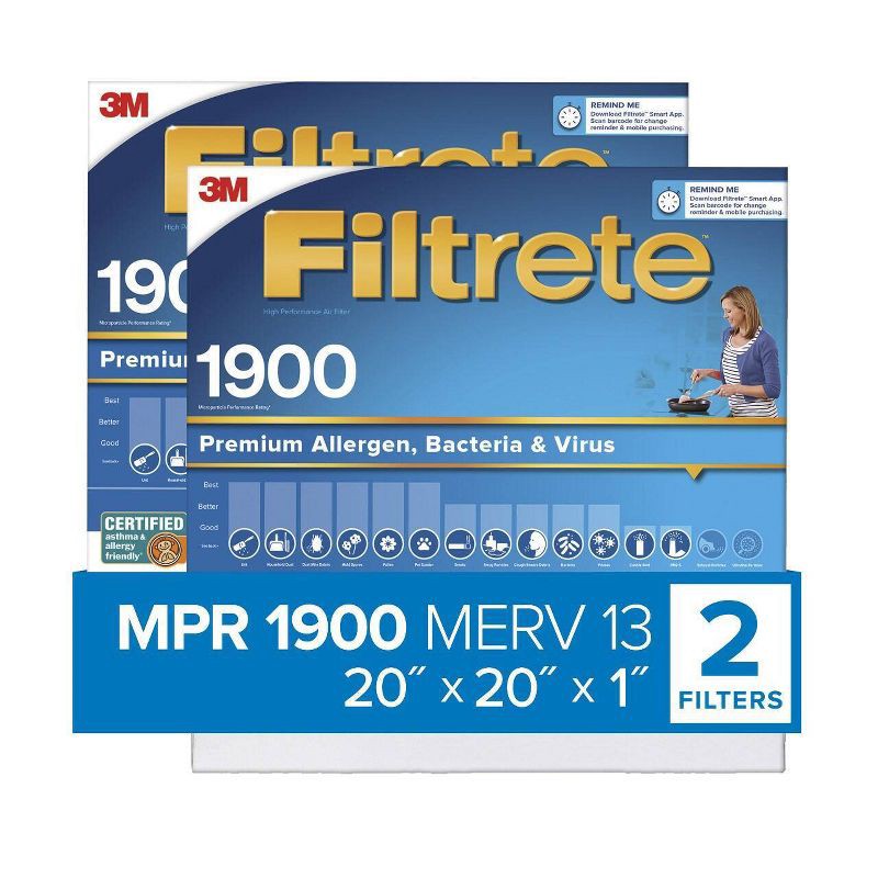 slide 3 of 12, Filtrete 2pk 1900 Ultimate Allergens, Bacteria and Virus 20X20: MERV 13 Electrostatic Furnace & AC Filter 20x20x1, 2 ct