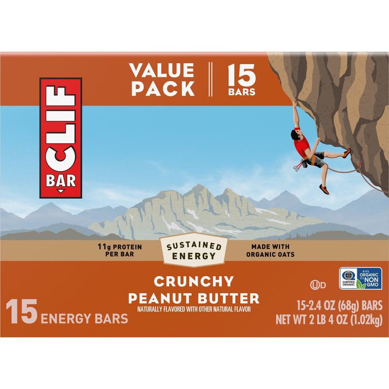 slide 2 of 18, CLIF Bar Crunchy Peanut Butter Granola Plant-Based Soy Protein Bar Made with Organic Oats - 11g Protein - 36oz/15ct, 11 gram, 36 oz, 15 ct