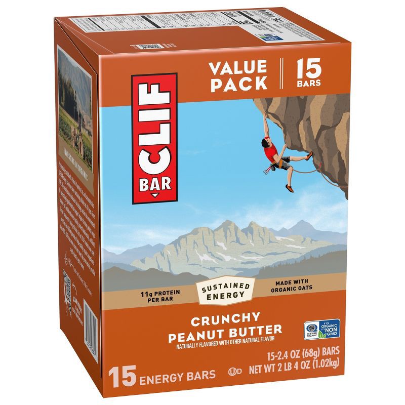 slide 8 of 18, CLIF Bar Crunchy Peanut Butter Granola Plant-Based Soy Protein Bar Made with Organic Oats - 11g Protein - 36oz/15ct, 11 gram, 36 oz, 15 ct