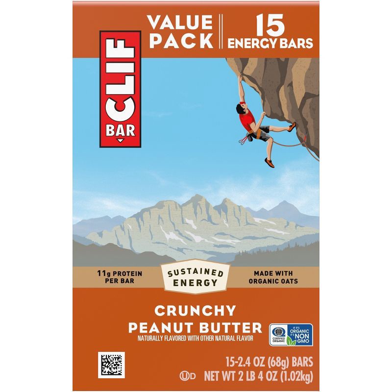 slide 11 of 18, CLIF Bar Crunchy Peanut Butter Granola Plant-Based Soy Protein Bar Made with Organic Oats - 11g Protein - 36oz/15ct, 11 gram, 36 oz, 15 ct