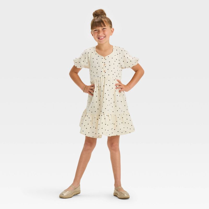 slide 3 of 3, Girls' Short Sleeve Heart Woven Gauze Dress - Cat & Jack™ Cream L, 1 ct