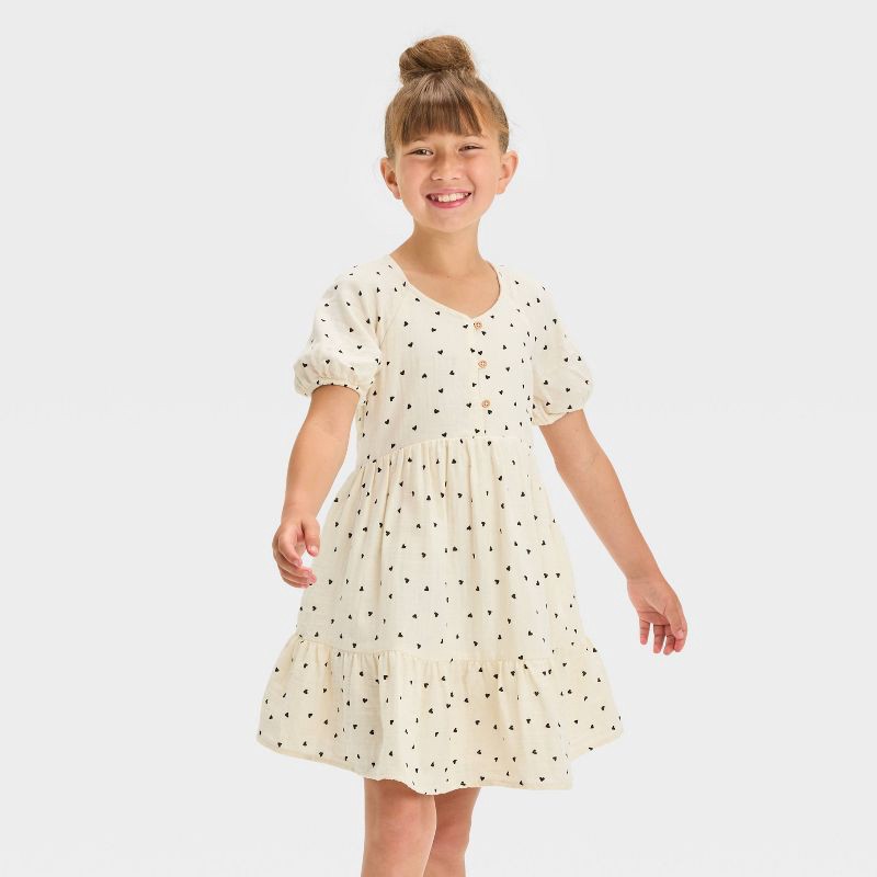 slide 1 of 3, Girls' Short Sleeve Heart Woven Gauze Dress - Cat & Jack™ Cream L, 1 ct