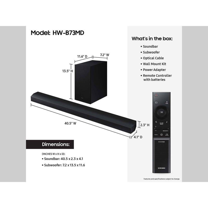 slide 5 of 11, Samsung 5.1ch. DTS Virtual:X Soundbar with Bass Boost and Wireless Sub (HW-B73MD) - Black, 1 ct