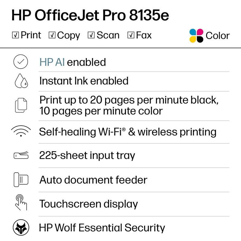 slide 2 of 18, HP Inc. HP OfficeJet Pro 8135e Wireless All-in-One Color Printer Scanner Copier with 3 Months Free Instant Ink (40Q35A): Inkjet, USB, Bluetooth, 1 ct