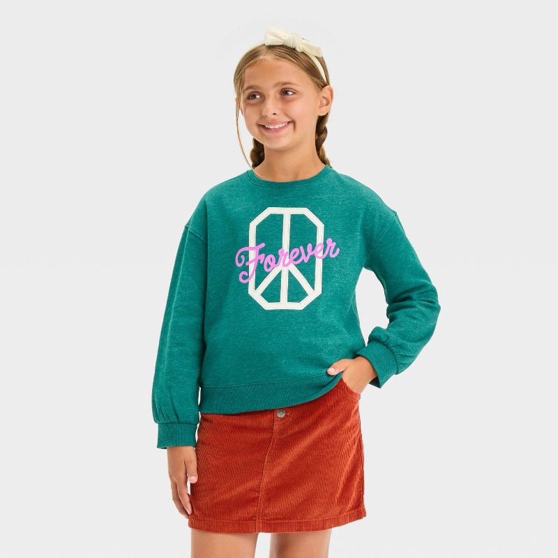 slide 1 of 4, Girls' Fleece Crew Pullover Sweatshirt - Cat & Jack™ Dark Green S, 1 ct