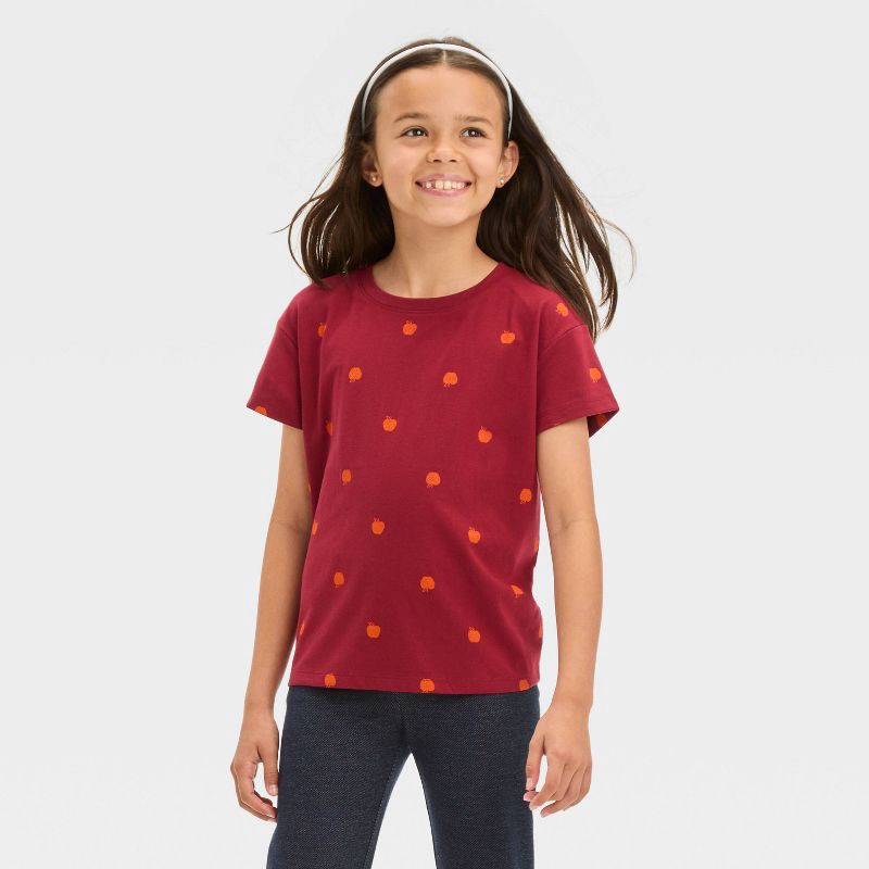 slide 1 of 3, Girls' Short Sleeve Apple T-Shirt - Cat & Jack™ Burgundy XS, 1 ct