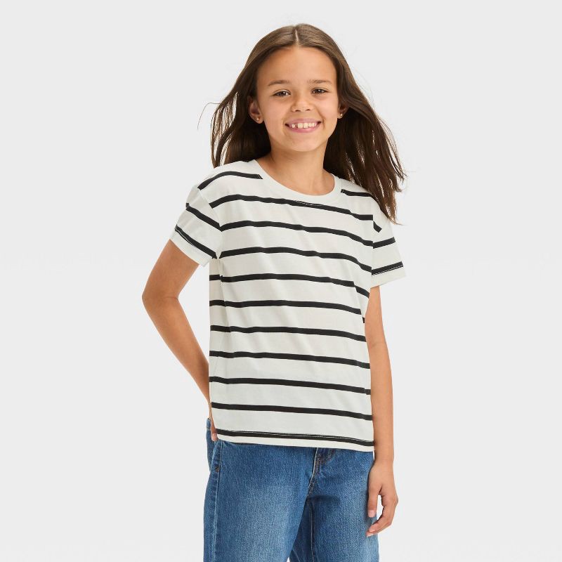 slide 1 of 3, Girls' Short Sleeve Striped T-Shirt - Cat & Jack™ Cream/Black M, 1 ct