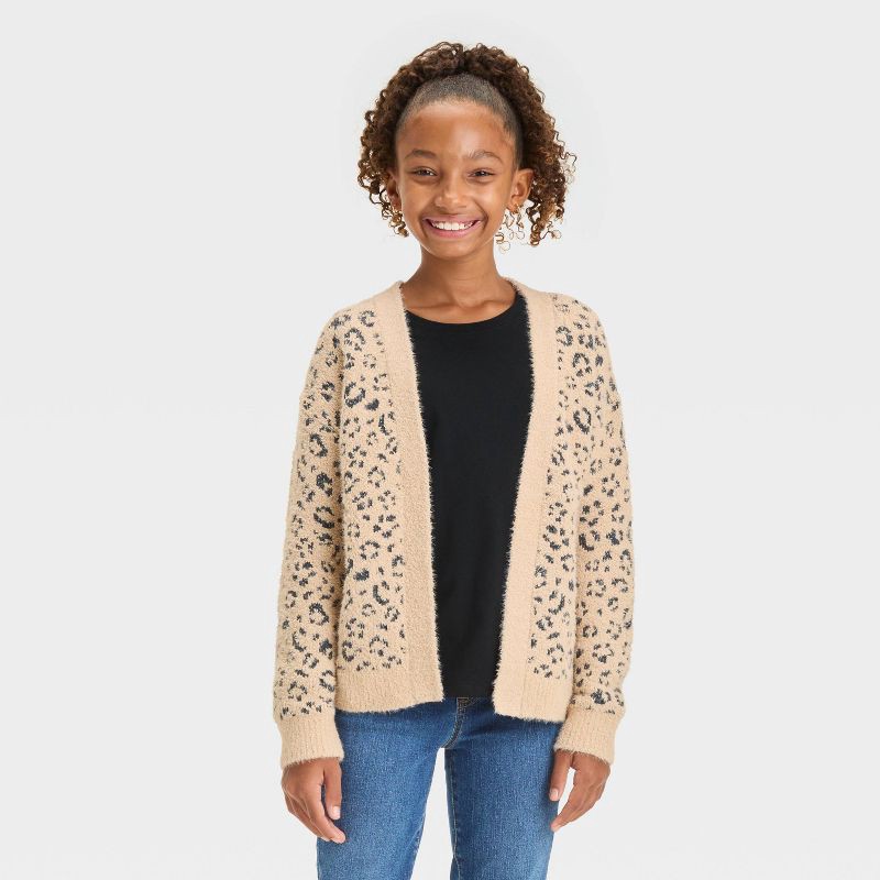 slide 1 of 3, Girls' Leopard Print Open Layering Cardigan - Cat & Jack™ Beige S, 1 ct