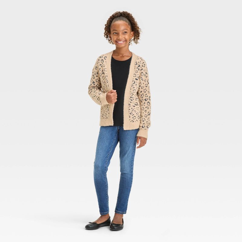 slide 3 of 3, Girls' Leopard Print Open Layering Cardigan - Cat & Jack™ Beige S, 1 ct