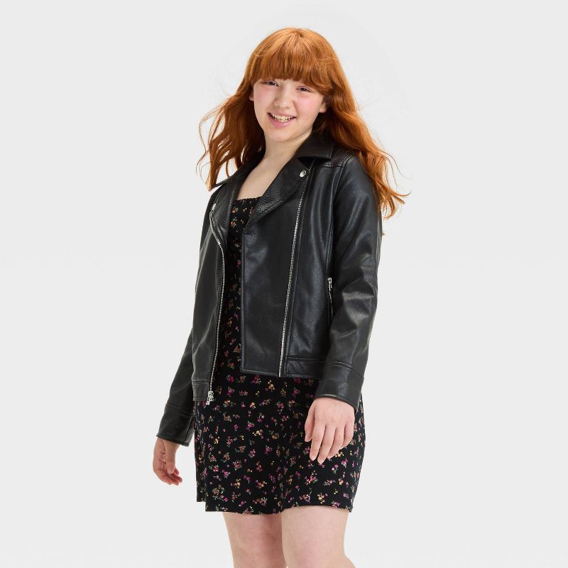 Girls' Solid Moto Jacket - art class™ Black L: Wind-Resistant