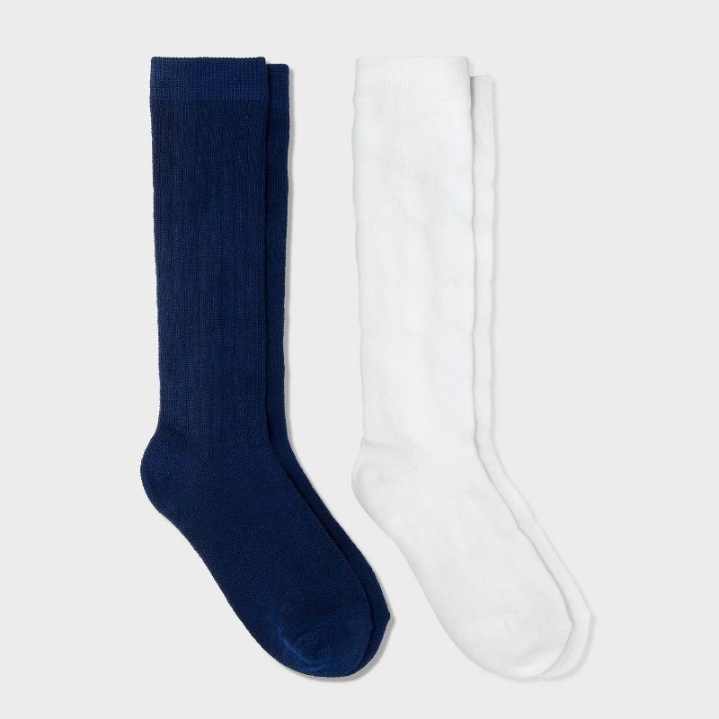 slide 1 of 3, Girls' 2pk Knee High Socks - Cat & Jack™ Navy Blue/White M, 2 ct