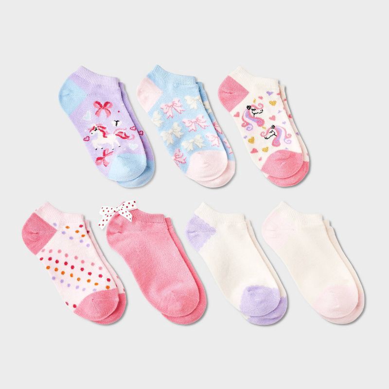 slide 1 of 3, Girls' 7pk Low Cut Unicorn Socks - Cat & Jack™ Pink S, 7 ct