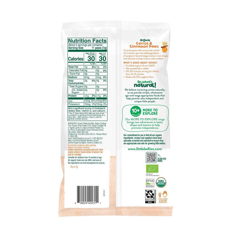 slide 2 of 3, Little Bellies Organic Carrot & Cinnamon Paws Baby Snacks - 1.25oz, 1.25 oz