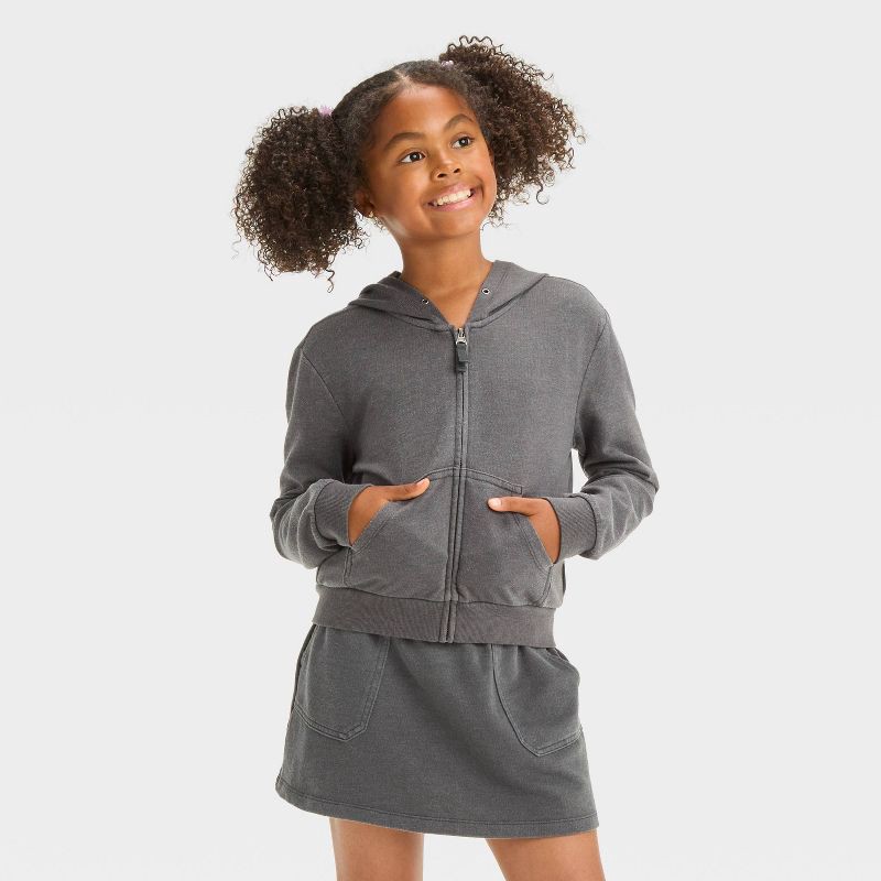 slide 1 of 3, Girls' French Terry Zip-Up Hoodie Sweatshirt - Cat & Jack™ Charcoal Gray M, 1 ct