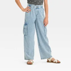 Girls' Paper Bag Wide Leg Chambray Woven Pants - Cat & Jack™ Light Wash Denim XL