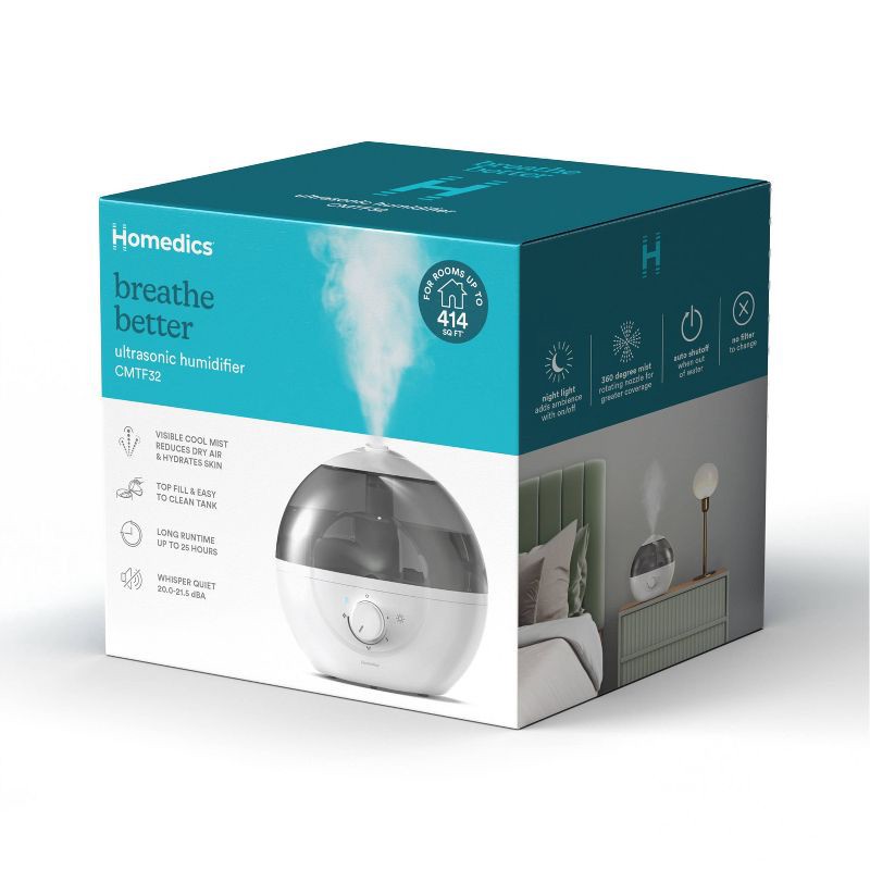 slide 2 of 9, HoMedics Top-Fill Easy to Clean Ultrasonic Cool Mist Humidifier with Night Light and Aromatherapy: 300-500 sq. ft., No Filter Needed, 30-Hour Run Time, 1 ct