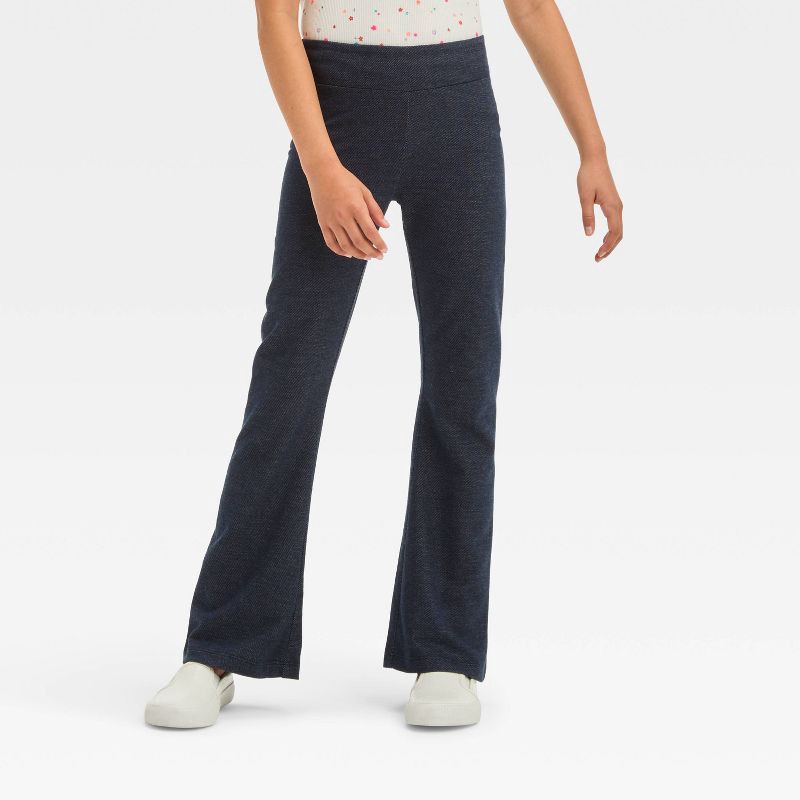 slide 1 of 3, Girls' Flare Leggings - Cat & Jack™ Blue Faux Denim L: Wide Leg, Mid Rise, Elastic Waistband, 1 ct