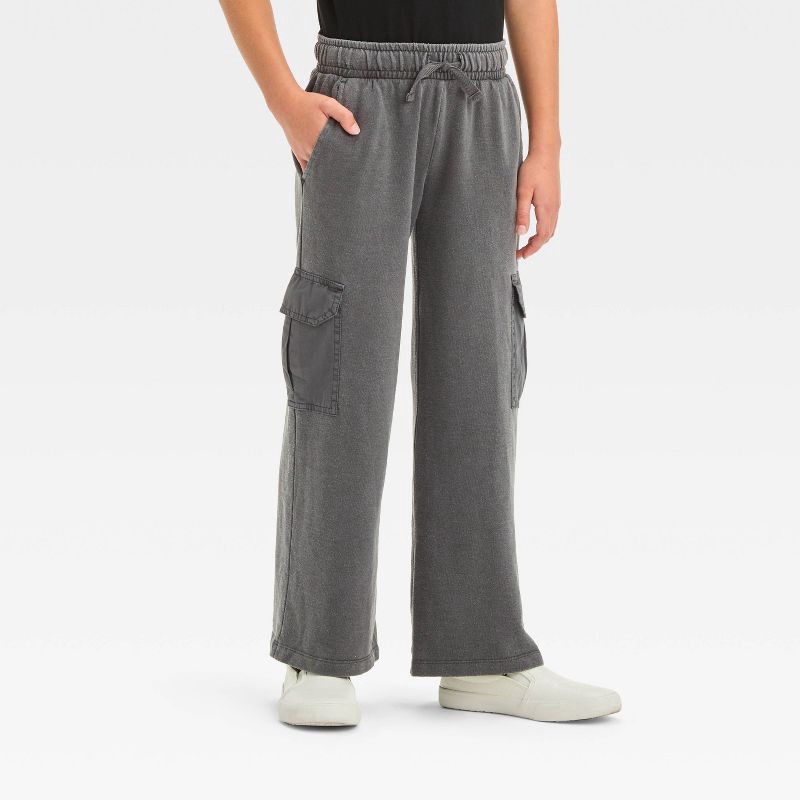 slide 1 of 3, Girls' French Terry Wide Leg Cargo Pants - Cat & Jack™ Charcoal Gray XL, 1 ct