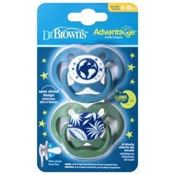 Dr. Brown's Advantage Glow-in-the-Dark 2 Piece Stage 2 Pacifiers, Blue, 6-12 Months