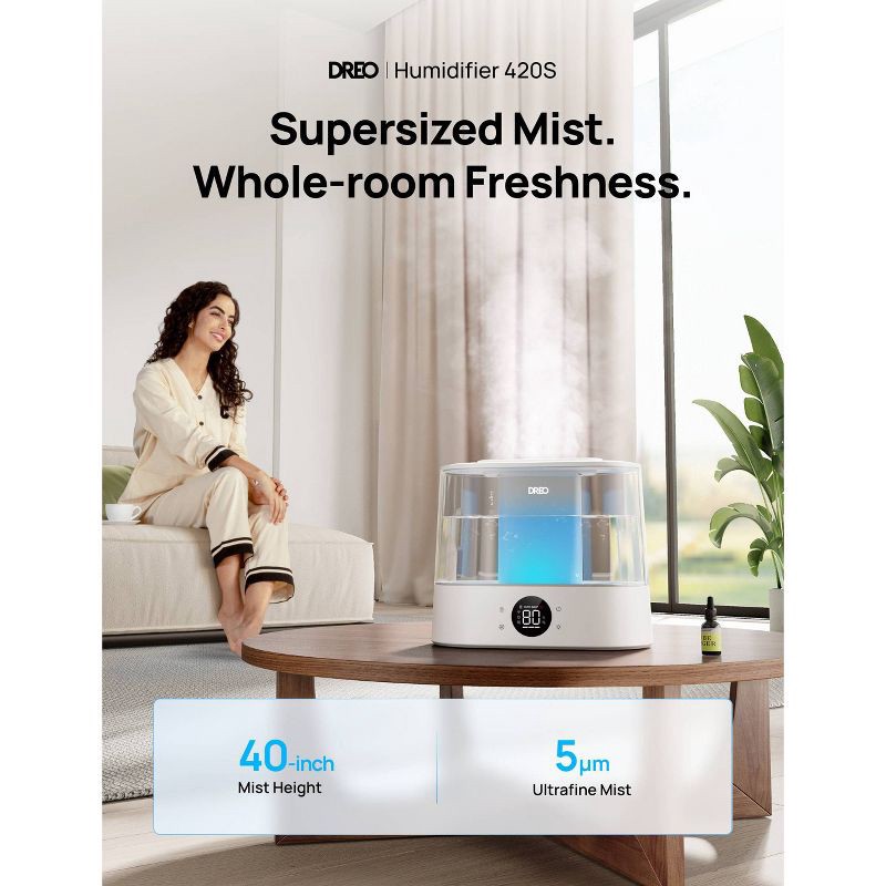 slide 4 of 9, Dreo 1gal Cool Mist Smart Ultrasonic Humidifier for Room Essential Oil Diffuser and Nightlight Touch Control: ETL Listed, 32hr Run Time, 1 gal