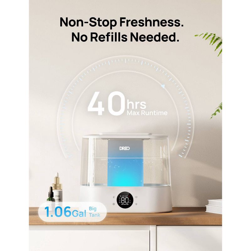 slide 5 of 9, Dreo 1gal Cool Mist Smart Ultrasonic Humidifier for Room Essential Oil Diffuser and Nightlight Touch Control: ETL Listed, 32hr Run Time, 1 gal