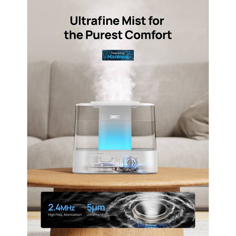 slide 6 of 9, Dreo 1gal Cool Mist Smart Ultrasonic Humidifier for Room Essential Oil Diffuser and Nightlight Touch Control: ETL Listed, 32hr Run Time, 1 gal