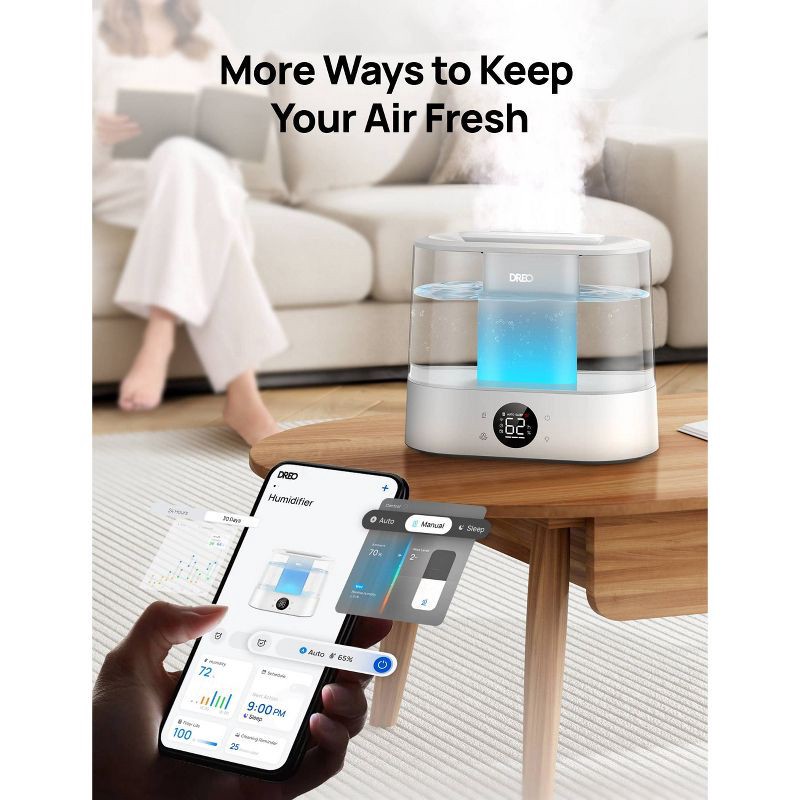 slide 7 of 9, Dreo 1gal Cool Mist Smart Ultrasonic Humidifier for Room Essential Oil Diffuser and Nightlight Touch Control: ETL Listed, 32hr Run Time, 1 gal