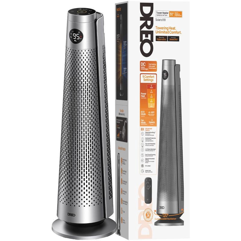 slide 2 of 4, Dreo 1500W Solaris 818 Oscillating Ceramic 30" Indoor Space Heater for Home or Large Bedroom with Remote Control Silver: ETL Listed, 9 Settings, 1 ct