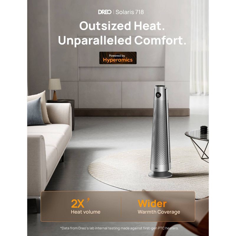 slide 3 of 4, Dreo 1500W Solaris 818 Oscillating Ceramic 30" Indoor Space Heater for Home or Large Bedroom with Remote Control Silver: ETL Listed, 9 Settings, 1 ct