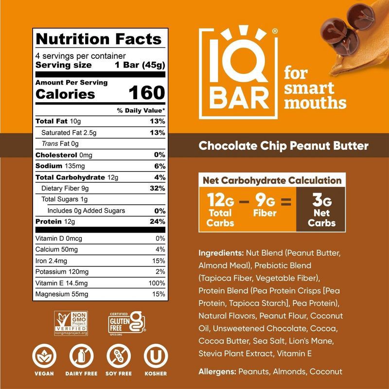 slide 2 of 6, IQBAR Chocolate Chip Peanut Butter Protein Bars - 6.4oz/4ct, 4 ct; 6.4 oz