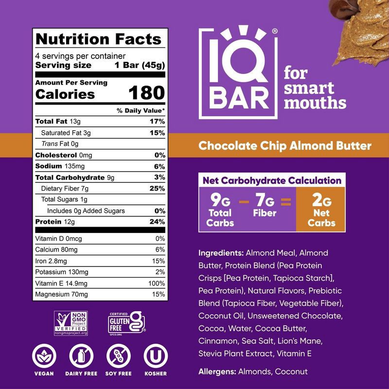 slide 2 of 6, IQBAR Chocolate Chip Almond Butter Protein Bars - 6.4oz/4ct, 4 ct; 6.4 oz